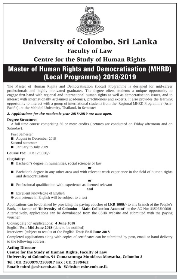 Master of Human Rights & Democratisation (MHRD) (Local Programme) - Faculty of Law - University of Colombo